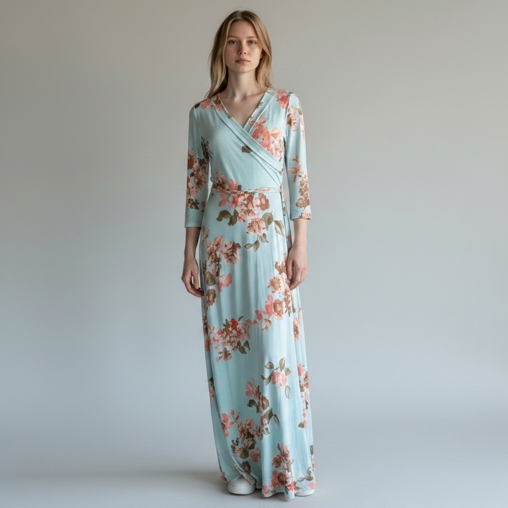 Janette Maxi Dress Womens M Floral Aqua Blue Wrap Long Sleeve Jersey DJ51504